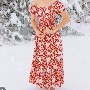 Betsey Johnson Sz XS Smocked Puff Sleeve Strawberry Maxi Dress